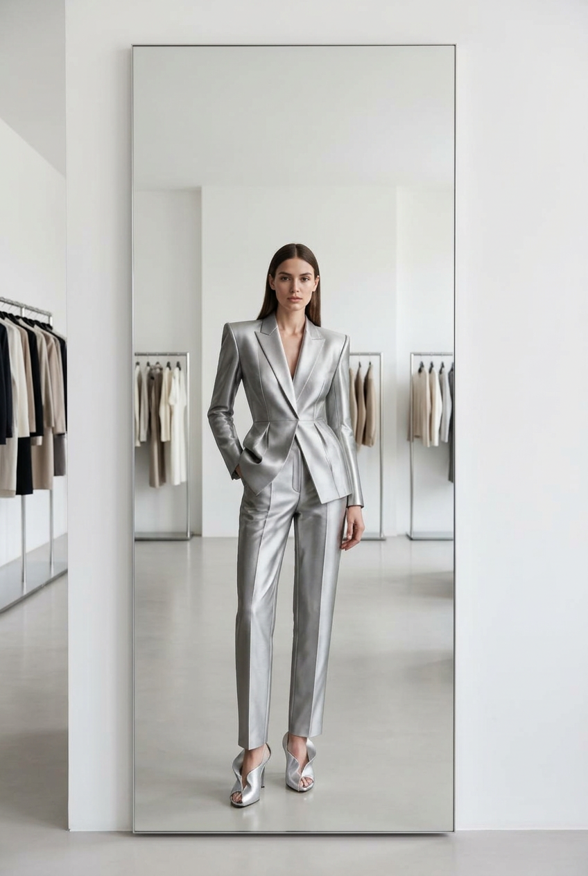Full-length model wearing sculptural silver tailoring in the Aura Mirror